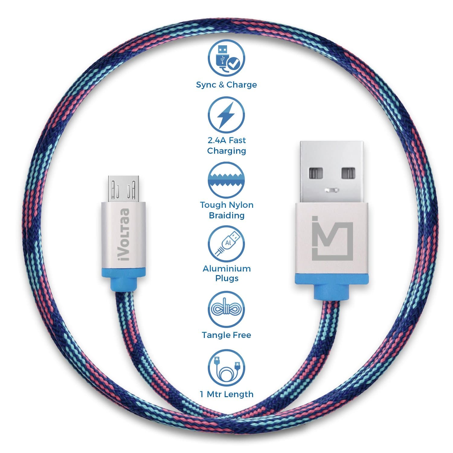 iVoltaa Pixie Micro USB to USB 2.4 Braided Cable - 3.3 Feet (1 Meter) - Kyber Blue