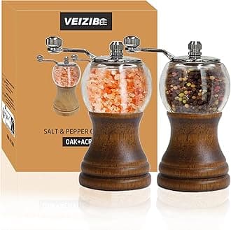 VEIZIBEE Classic Hand-cranked Wood Pepper Grinder Mill&Salt Mills,Salt&Pepper Shaker,Acacia&Acrylic,Ceramic Core with Adjustable Coarse Mill for Freshly Pepper Sea Salts Various Spices(metal-8)