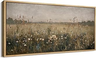 SIGNFORD Extra Large Framed Canvas Print Wall Art Wildflower Meadow Soft Vintage Pastoral Landscape Illustrations Modern Art Calm Warm for Living Room, Bedroom, Office - 60"x30"