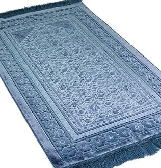 Modefa Velvet Islamic Prayer Rug with Prayer Beads Turkish Janamaz Sajadah Floral Stamp Luxury Plush (Steel Blue)