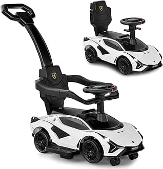 3 in 1 Ride on Push Car, Licensed Lamborghini Baby Stroller Sliding Walking Car with Push Handle, Music, USB, Headlight, Under Seat Storage, Kids Foot-to-Floor Toy for 18-60 Months (White)