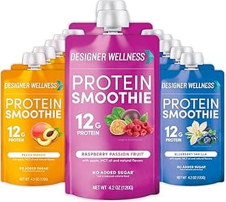 Designer Wellness Protein Smoothie, Real Fruit, 12g Protein, Low Carb, Zero Added Sugar, Gluten-Free, Non-GMO, No Artificial Colors or Flavors, Super Fruits Variety Pack, 12 Count