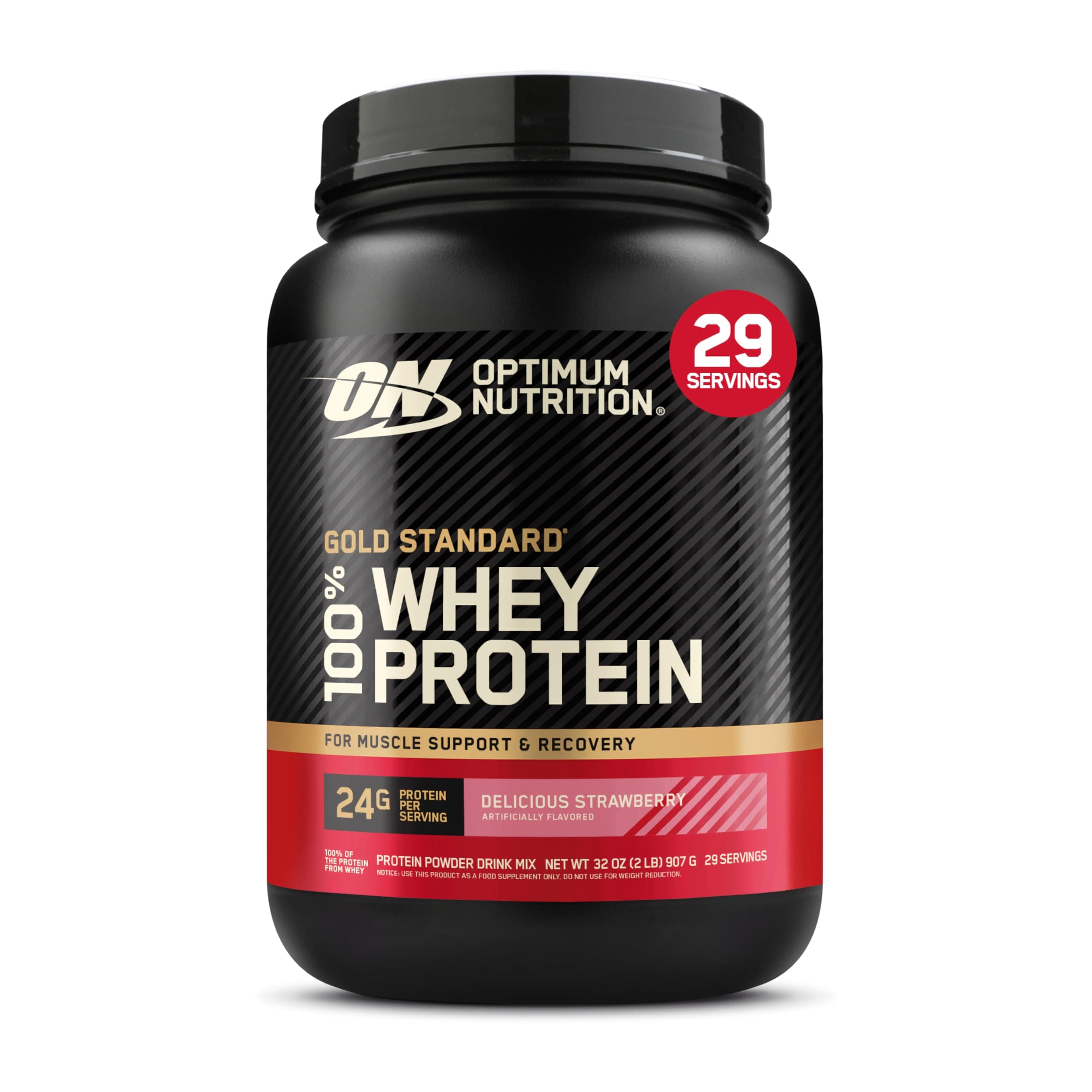 Optimum Nutrition (ON) Gold Standard 100% Whey Protein Powder Primary Source Isolate, 24 Grams of Protein for Muscle Support and Recovery - Delicious Strawberry, 2 Lbs, 29 Servings (907 Grams)