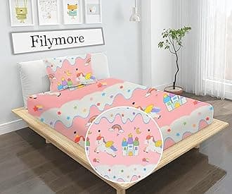 Filymore Star Unicorn Single Bedsheet for Kids Girls 240 TC Cute Cartoon Bedspread Microfiber (Size 60 X 90 Inches) 1 Bedsheet with Pillow Cover (SkyBlue Red and White)