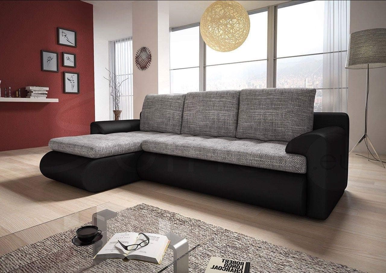 Gama Mobler Left Corner Sofa Bed Prada with Storage, Lawa Fabric & Eco Leather Material, 3 Seater, L-shape, Pull Out, Wooden Frame & Sprung Seat in Grey & Black