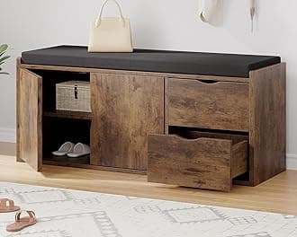 LVB Entryway Shoe Bench, Rustic Storage Bench with Cushioned Seating, Long Hidden Shoe Organizer Bench with 2 Drawers, Industrial Wooden Shoe Benchs in Hallway Living Room Bedroom, Rustic Brown, 40in