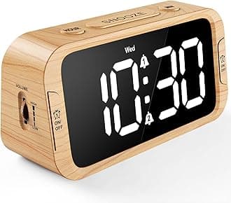 Digital Dual Alarm Clock for Bedroom, 0-100% Dimmer, Weekday/Weekend Mode, Easy to Set, USB Charger, Adjustable Alarm Volume with 5 Alarm Sounds, Snooze, 12/24Hr, Battery Backup (Wood Grain)