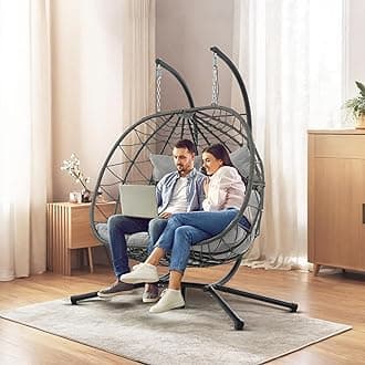 Double Egg Swing Chair with Stand, 2 Person Outdoor Indoor Hammock Hanging Chair with Cushion,Patio Wicker Hanging Egg Chair w/Cushion 700LBS Capacity for Bedroom, Balcony, Garden
