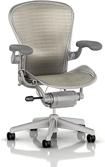 Herman Miller Aeron Chair Highly Adjustable with PostureFit Lumbar Support and Adjustable Arms - Small Size (A) Smoke Titanium Frame, Tuxedo White Gold Pellicle Mesh Home Office Desk Task Chair