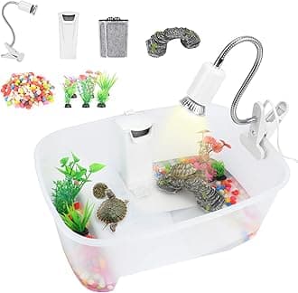 Rypet Baby Turtle Tank Starter Kit - Reptile Tortoise Habitat with Adjustable UVA Basking Light Lamp, Basking Platform,Water Filter, Rocks, Small Plants Aquarium Tank for Turtle Frog Hermit Crab Tank