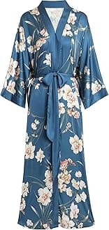 Aensso Long Soft Lightweight Silky Kimonos Robes for Women, Luxury Japanese Floral Womens Kimono Robe, Indigo, One Size