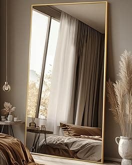Antok Full Length Mirror, 46"x90" Floor Mirror with Stand, Hanging Mounted Mirrors for Bedroom, Living Room, Cloakroom, Dining Room, Gold, Rect