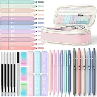 Four Candies Pack of 39 School Supplies with Pencil Case, 12 Pastel Highlighters, 5 Gel Pens, 6 Mechanical Pencil Set, Aesthetic Pens for Teenagers Girls Cool Things School Stuff Clean Girl Office