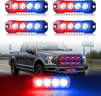 4PCS 4-LED Emergency Strobe Light, Red Blue Police Light, Ultra Slim Surface Mount Strobe Lights Flashing Warning Beacon LED Mini Grille Light for Trucks Car Vehicle Police SUV, Sync Feature