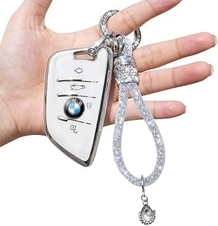 Yumzeco Car Key Case Compatible with BMW with Bling Diamonds Keychain,4 Buttons Remote Key Case for 2 3 5 7 X1 X3 X4 X5 X6 M5 Series,TPU Silicone KeyCase Cover BMW Keyless-White