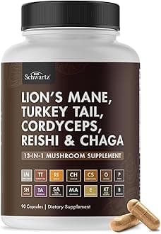 13-in-1 Mushroom Complex Capsules - Organic Mushroom Supplement with Lions Mane, Chaga, Reishi, Cordyceps - Supports Focus, Energy, Immune System - with BioPerine for Absorption, 90 Count