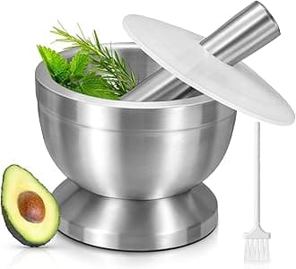 Sopito Pestle and Mortar Set Stainless Steel Mortar Bowl and Pestle with Lid and Anti Slip Base,Food Safe,10cm(3.9") Diameter
