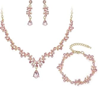 BriLove Bridal Jewelry Set for Women,Shiny Rhinestone Teardrop Leaf Cluster Statement Necklace Dangle Drop Earrings Link Bracelet for Wedding Party Prom Accessories Pink Gold-Tone