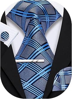 YOHOWA Men Plaid/Striped Ties Set Silk Business Wedding Formal Fashion Necktie and Pocket Square Cufflinks Set
