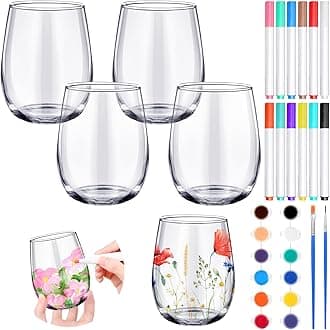 Pickmesh 4 Sets Crafts Gift Paint Your Own Wine Glass 15 oz Painting 12 Pcs DIY Markers 12 Colors Acrylic Paint with Brushes to Design Your Own Personalized Craft(Stemless)