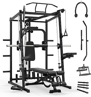 Mikolo All-in-One Smith Machine Home Gym, 2000LBS Power Cage with Cable Crossover System, Integrated Squat Rack with Weight Bar for Full-Body Training—LAT Pulldown, T-Bar Row, Triceps, Chest Fly