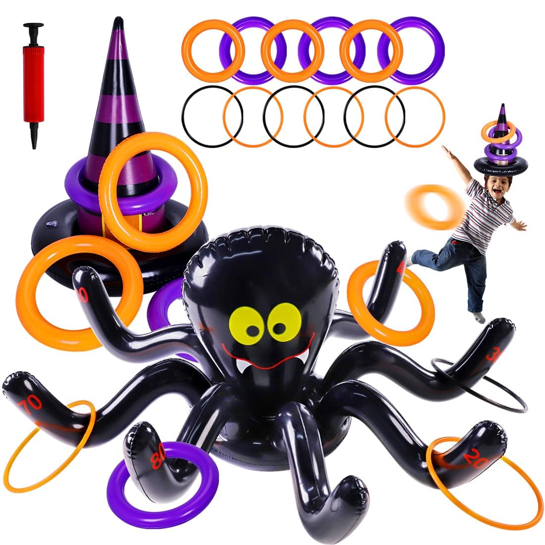 Max Fun Halloween Ring Toss Game Inflatable Spiders Witch’s Hat Toss Game for Kids Halloween Party Favors Indoors Outdoors Party Game (Black-Halloween)