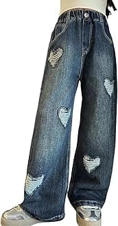 NABER Kids Girls Elastic Waist Cool Ripped Jeans Washed Denim Wide Leg Ripped Denim Jean Age 5-15 Years