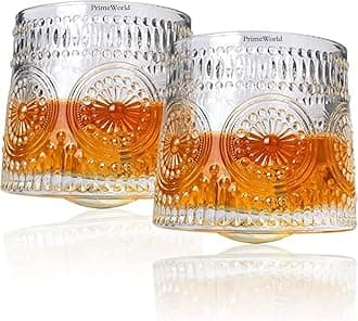 PrimeWorld Embossed Dancing Whiskey Glass Set of 2 Pcs with Rotable Bottom- Spining Glasses-170 ml Bar Glass for Drinking Bourbon, Whisky, Scotch, Cocktails, Cognac- Old Fashioned Tumblers