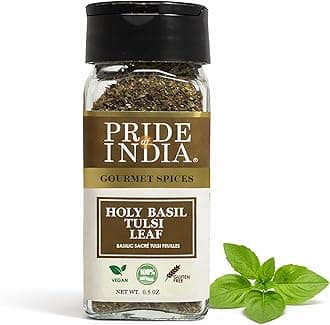 Pride of India – Sweet Holy Basil Leaf – Indian Tulsi Leaf Cut & Sifted – Gourmet Herb – Rich in Nutrients – Ocimum sanctum – GMO Free – Easy to Use – 0.5 oz. Small Dual Sifter Bottle
