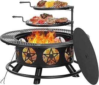 Outvue 42 Inch Fire Pit with 2 Grills, Extra Large Wood Burning Fire Pits for Outside with Lid & Poker, Heavy Duty Firepit,BBQ& Outdoor Fire Pit & Round Metal Table 3 in 1 for Patio, Picnic, Party