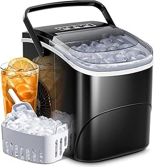 AGLUCKY Ice Makers Countertop with Handle,26.5Lbs/24H,9 Cubes in 6 Mins,2 Sizes of Bullet Ice,Portable Machine with Self-Cleaning,Perfect for Home Kitchen(Black)