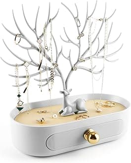 Jewelry Display Stand with Aluminium alloy handle, Tree Tower Rack Hanging Organizer for Ring Earrings Necklace Bracelet, Deer Horn Tree Stand with Storage Drawer and Tray