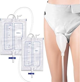 Wearable Urine Collection Set with 2 Drainage Bags (1000ml/2000ml), Reusable Silicone Urine 1.2M Catheter Bag for Men White