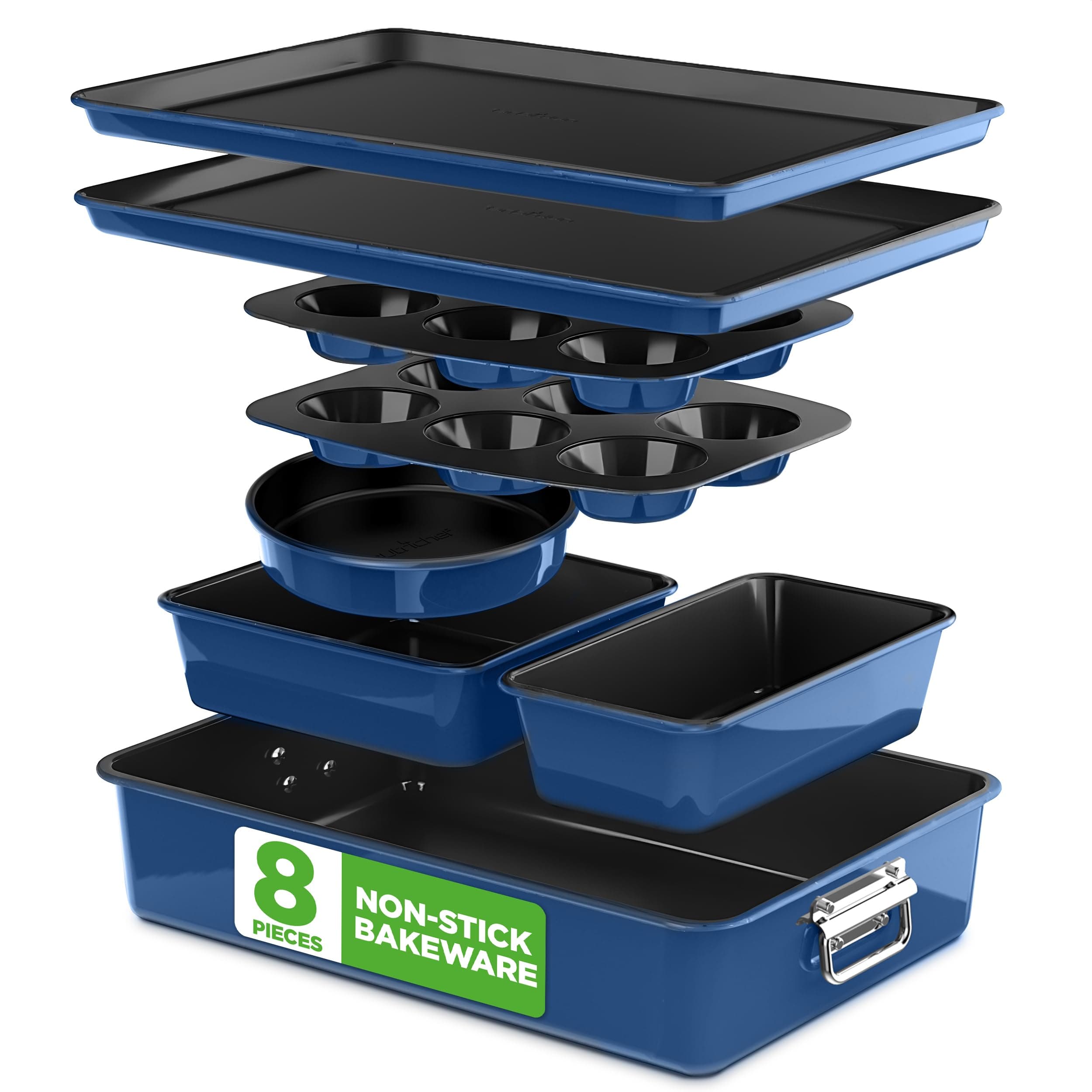 8-Piece Nonstick Stackable Bakeware Set - PFOA, PFOS, PTFE Free Baking Tray Set w/Non-Stick Coating, 450°F Oven Safe, Round Cake, Loaf, Muffin, Wide/Square Pans, Cookie Sheet (Blue)