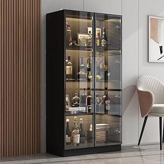 Homsee Bookcase Bookshelf with 4-Tier Shelves, 2 Glass Doors and LED Lights, Wooden Display Storage Cabinet for Home Office, Living Room, Black (31.5”W x 15.7”D x 63”H)