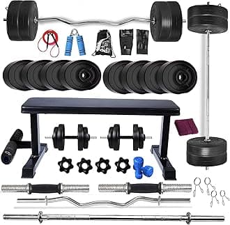 BODYFIT Home Gym Set Combo Kit, Equipment, (20Kg-100Kg) Weight Plates, 3Ft Curl, 5Ft Plain Rod, Flat with Leg Bench,2 x Dumbbell Rods,Fitness Exercise Set. (60 Kg Set)