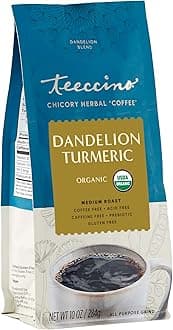 Dandelion Turmeric Herbal Coffee - Caffeine-Free Coffee Alternative with Prebiotics, Gluten Free, Acid Free, Organic - Medium Roast, 10 oz