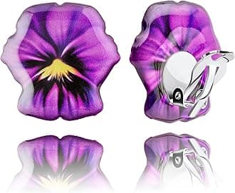 Retro Large Round or Flower Clip on Earrings, Non Pierced Ears for Women (Style 15 - Violet)