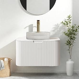 24" Floating Bathroom Vanity with Sink, Modern Bathroom Cabinet with Ultra-Thin Round Crystal Glass Basin and Marble Top, Extra Large Storage Drawer, Pre-Assembled, Soft-Close Design, White