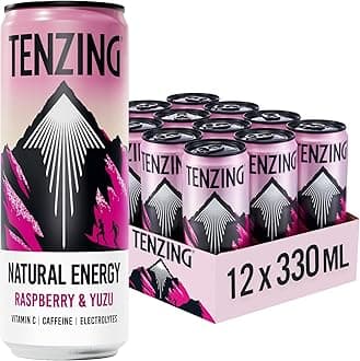 TENZING Natural Energy Drink, Plant Based, Vegan, & Gluten Free Drink, Raspberry & Yuzu, 330ml (Pack of 12)