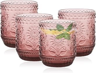 Juice Glasses, Pink Glasses Drinking Set of 4, 12oz Vintage Water Glasses with Sunflower Design, Embossed Floral Pink Glassware for Cocktail, Beer, Wine, Whiskey, Water & Juice Drinkware