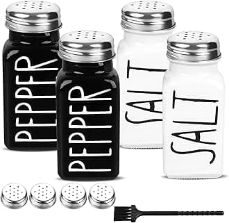 PECULA 4 Pack Salt and Pepper Shakers Set, Glass Salt Shaker with Stainless Steel Lid, Modern and Cute Farmhouse Salt and Pepper Set (Black and White)