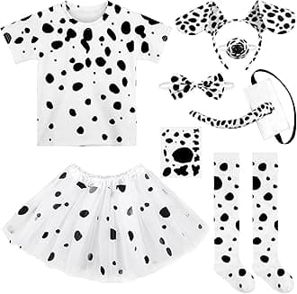 SOMSOC 8 Pieces Halloween Girl Dalmatian Dog Costume Set Halloween T-shirt Knee Socks Headband Tail Tattoo Stickers