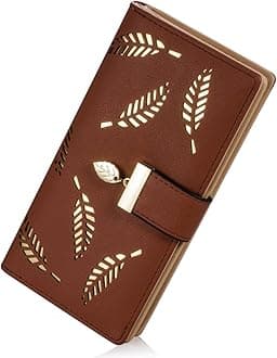 Women's Long Leaf Bifold Wallet Leather Card Holder Purse Zipper Buckle Elegant Clutch Wallet Handbag for Women - Brown