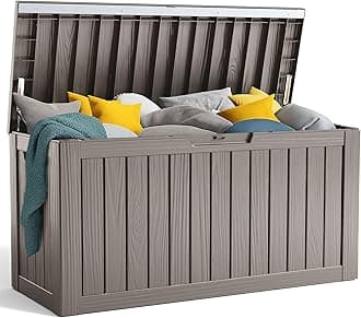 90 Gallon Resin Deck Box, Lockable Patio Outdoor Storage Box for Furniture, Garden Tools and Tools Storage, Waterproof Outside Storage Boxes - Grey