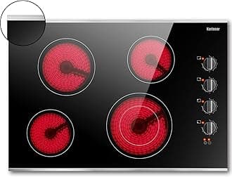 30 Inch Electric Cooktop 4 Burners, Knob Control Built-in Ceramic Cooktop, 30" Radiant Electric Stove Top with Glass Protection Metal Frame,Hot Surface Indicator, 220-240v, Hard Wire, No Plug