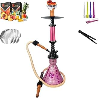 George 24" Portable Single Hose Premium Shisha Set, Sturdy Glass Vase & Metal Stem with Accessories Ceramic Bowl and Coal Tongs Ashtray Herbal Flavors (Pink)