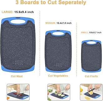Plastic Cutting Board, 3 Pieces Dishwasher Safe Cutting Boards with Juice Grooves, Easy Grip Handle, Non-Slip, with Grinding Area for Grinding Garlic and Ginger (Blue)