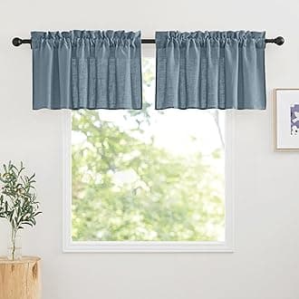 RYB HOME Linen Sheer Valacne - Window Curtains Tiers for Kitchen Bathroom Half Window Drape for Farmhouse Boho Decor, 52 x 18 inches Long, Stone Blue, 2 Panels