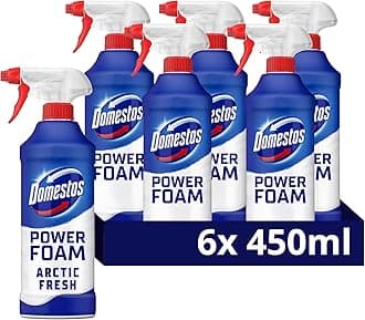 Domestos Power Foam Arctic Fresh Toilet & Bathroom Cleaner Spray sprays upside down & eliminates 99.99% of germs for cleaning inside the toilet & around bathroom 6x 450 ml